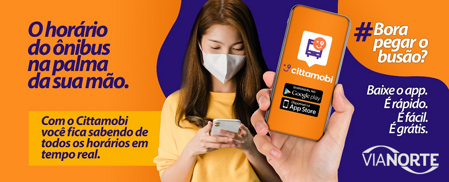 Banner com instruções para baixar o aplicativo Cittamobi, solução que permite saber em quantos minutos um ônibus passará por determinado ponto